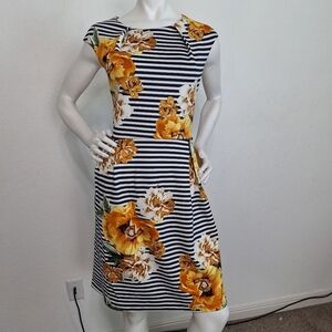 Enfocus Studio Black White Striped Floral Skater Style Dress Size 14